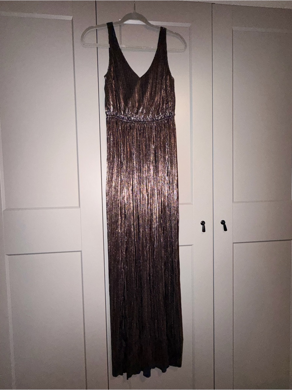 BCBG Metallic Pleated Maxi Dress